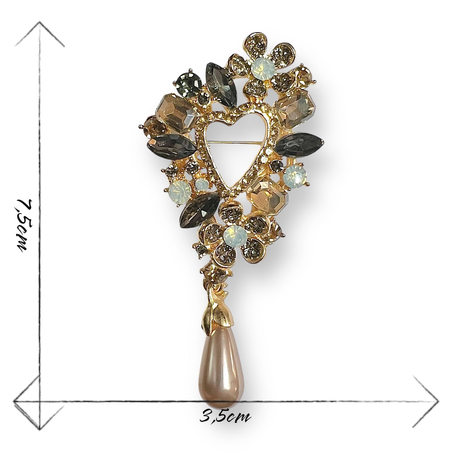 Broche coeur à strass variés et perle