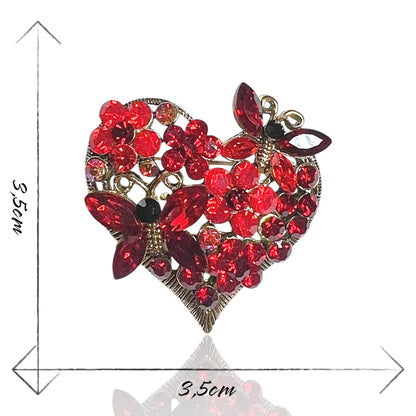 Broche coeur strass et papillons rouges