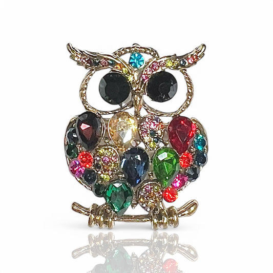 Broche hibou à strass multicolores