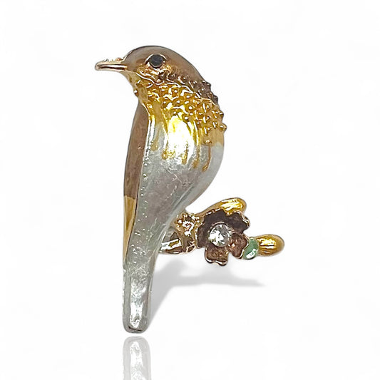 Broche oiseau doré et marron