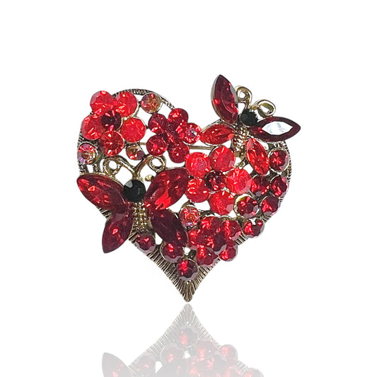 Broche coeur strass et papillons rouges