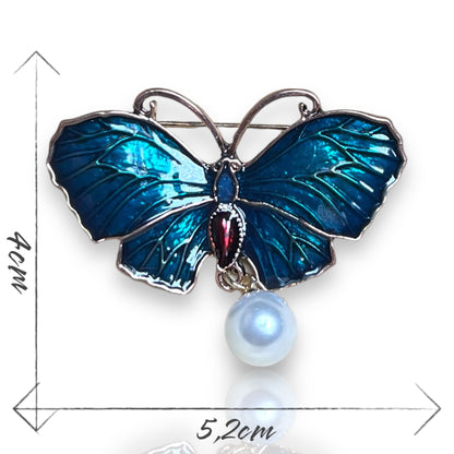 Broche papillon bleu nuit et perle