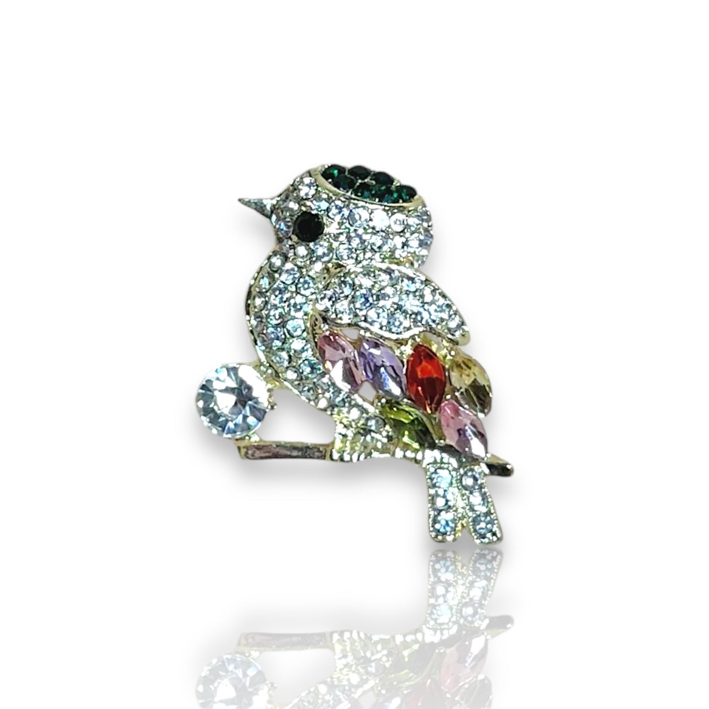 Broche oiseau à strass plumes multicolores