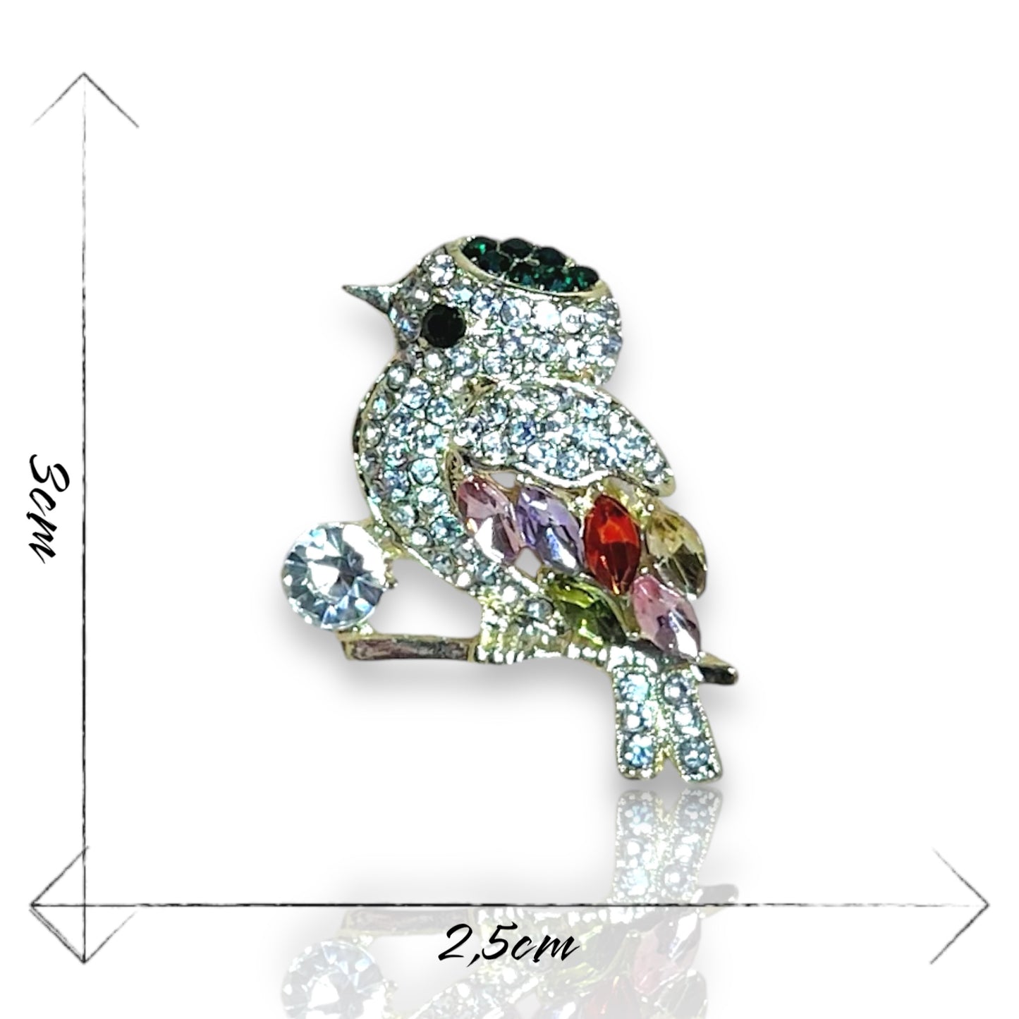 Broche oiseau à strass plumes multicolores